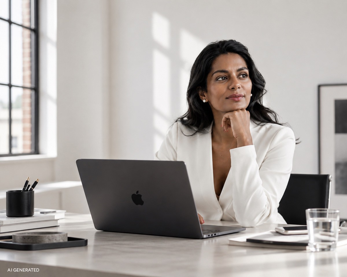 Maria Kunabala am Schreibtisch mit Laptop.