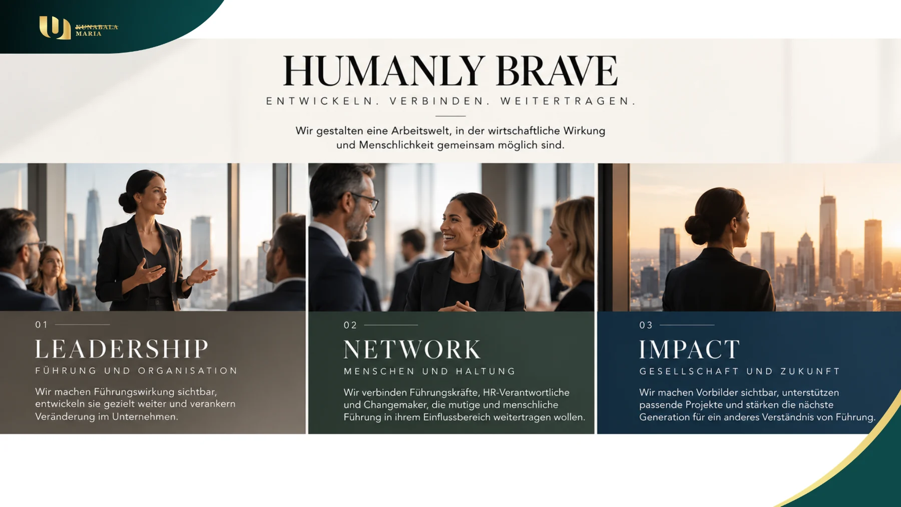 Humanly Brave mit den drei Säulen Leadership, Network und Impact