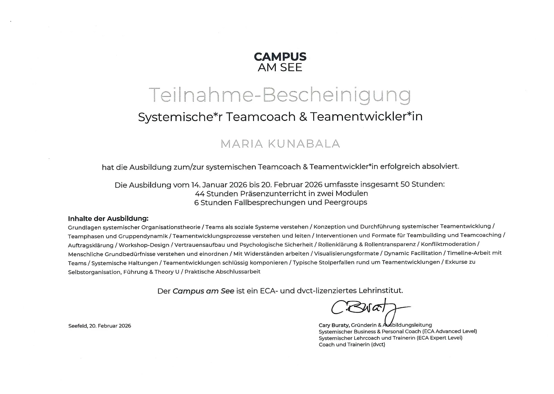Zertifikat von Maria Kunabala als Teamcoach und Teamentwicklerin.